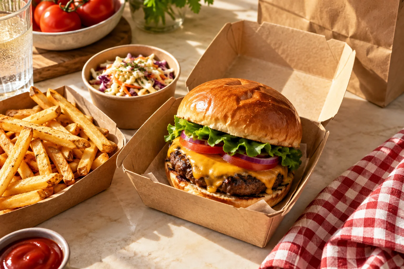 Burger, fries and slaw unpacked on a sunlit table